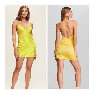 SER.O.YA | Leah Silk Stretch Satin Faux Wrap Mini Slip Dress Green Sheen | M